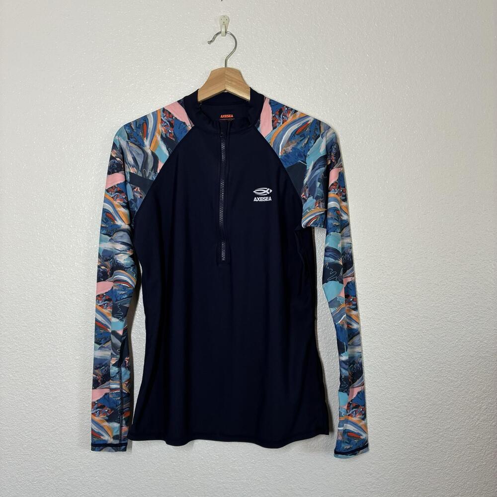 AXESEA Rash Guard Swim Shirt Womens L Blue Abstract Print Long Sleeve UPF 50+